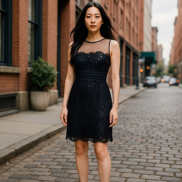 BCBGMAXAZRIA Cocktail Dress Black Sequins, Satin, and Lace, Size 6 - Picture 11 of 15